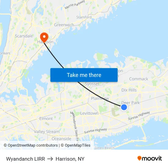 Wyandanch LIRR to Harrison, NY map