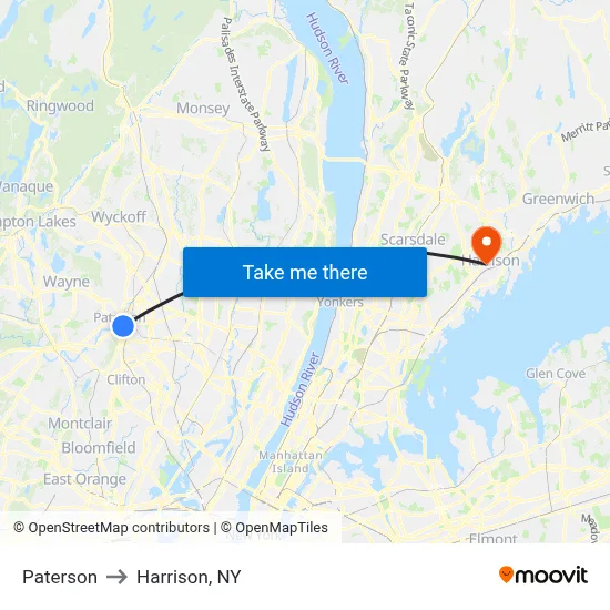 Paterson to Harrison, NY map
