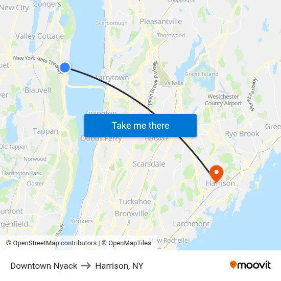 Downtown Nyack to Harrison, NY map