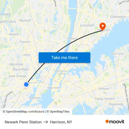 Newark Penn Station to Harrison, NY map