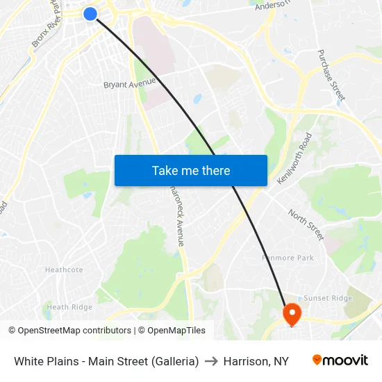 White Plains - Main Street (Galleria) to Harrison, NY map