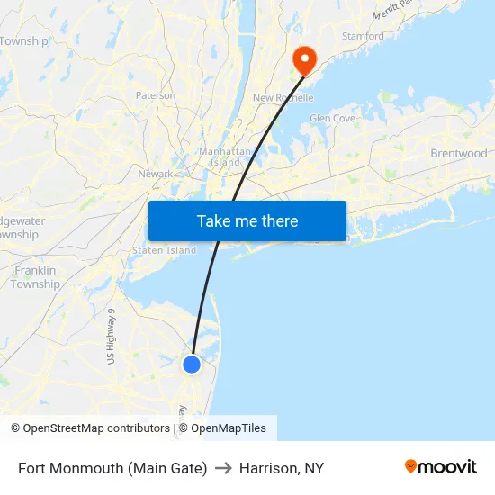 Fort Monmouth (Main Gate) to Harrison, NY map