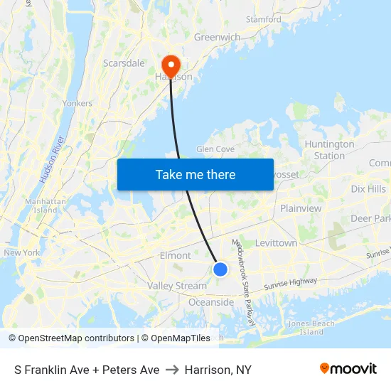 S Franklin Ave + Peters Ave to Harrison, NY map