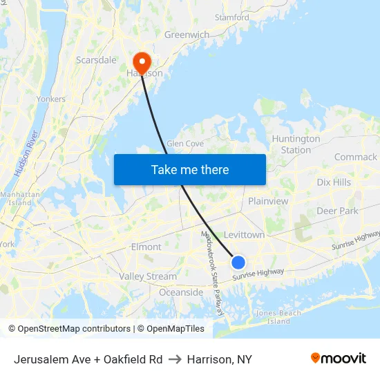 Jerusalem Ave + Oakfield Rd to Harrison, NY map