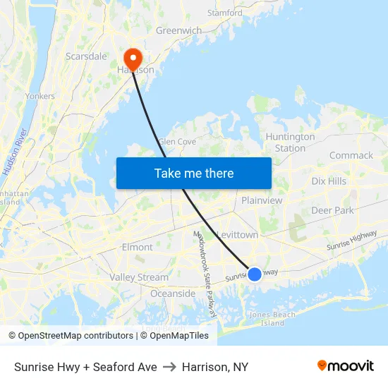 Sunrise Hwy + Seaford Ave to Harrison, NY map