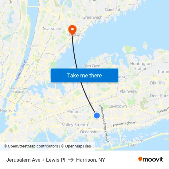 Jerusalem Ave + Lewis Pl to Harrison, NY map