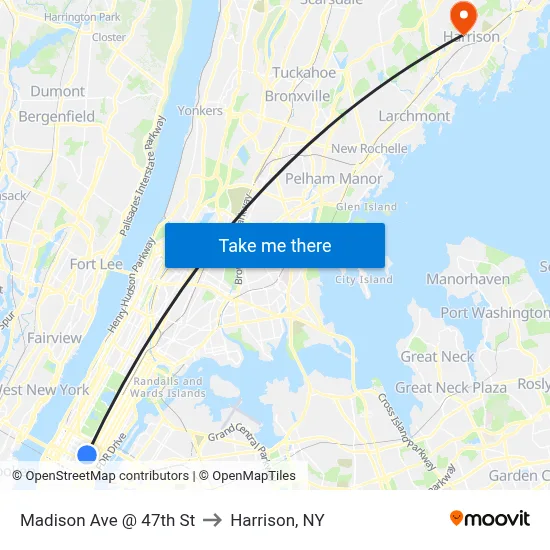 Madison Ave @ 47th St to Harrison, NY map
