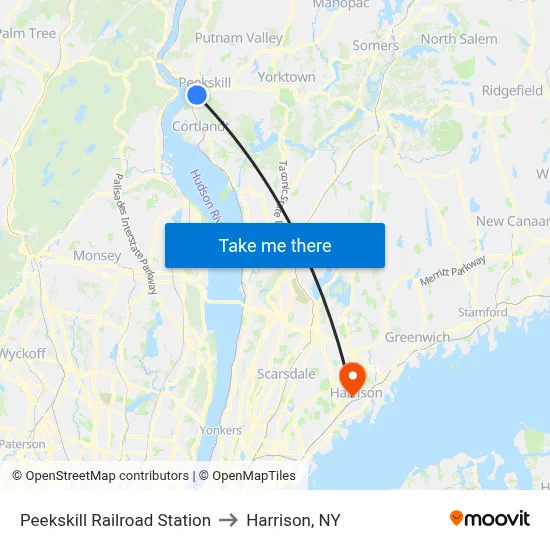 Peekskill Railroad Station to Harrison, NY map