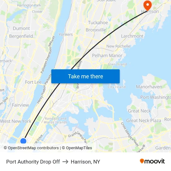 Port Authority Drop Off to Harrison, NY map