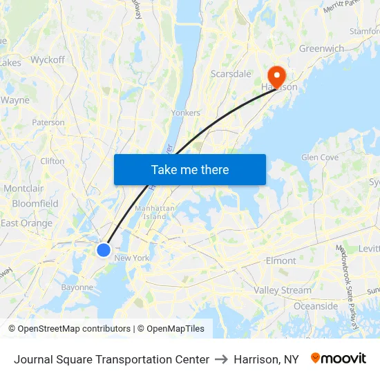 Journal Square Transportation Center to Harrison, NY map