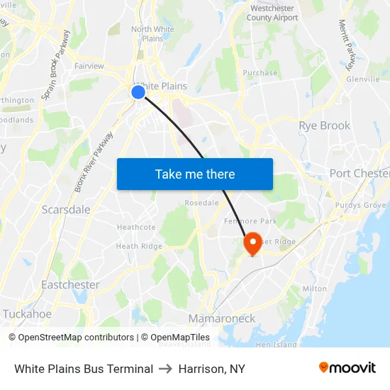 White Plains Bus Terminal to Harrison, NY map