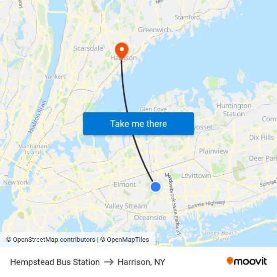 Hempstead Bus Station to Harrison, NY map