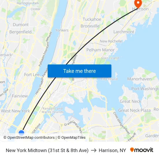 New York Midtown (31st St & 8th Ave) to Harrison, NY map