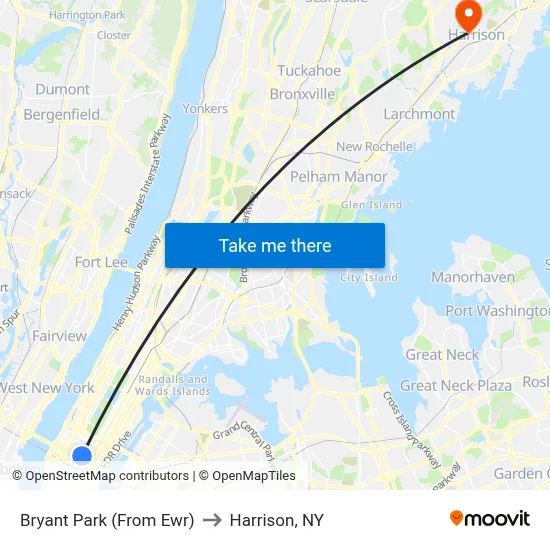 Bryant Park (From Ewr) to Harrison, NY map