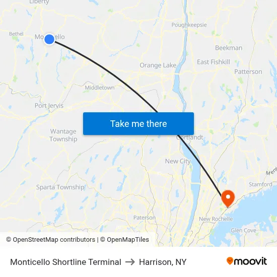 Monticello Shortline Terminal to Harrison, NY map