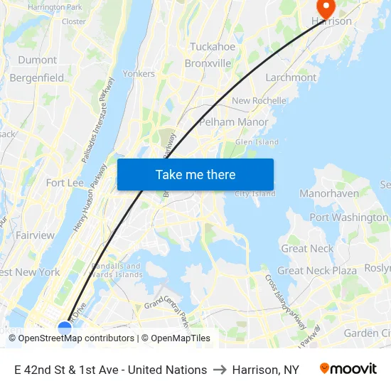 E 42nd St & 1st Ave - United Nations to Harrison, NY map