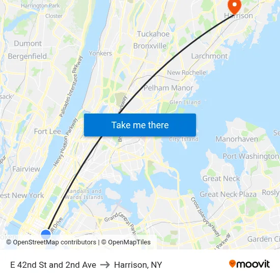 E 42nd St and 2nd Ave to Harrison, NY map