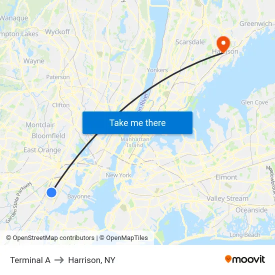 Terminal A to Harrison, NY map