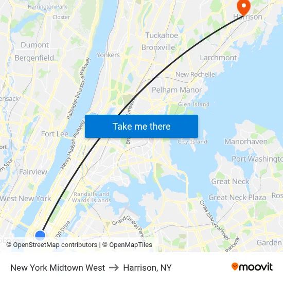 New York Midtown West to Harrison, NY map