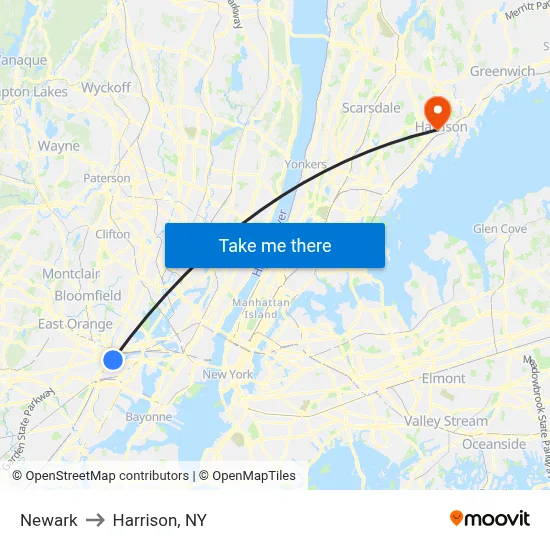 Newark to Harrison, NY map