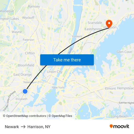 Newark to Harrison, NY map