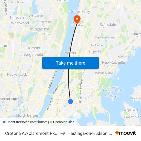 Crotona Av/Claremont Pkwy to Hastings-on-Hudson, NY map