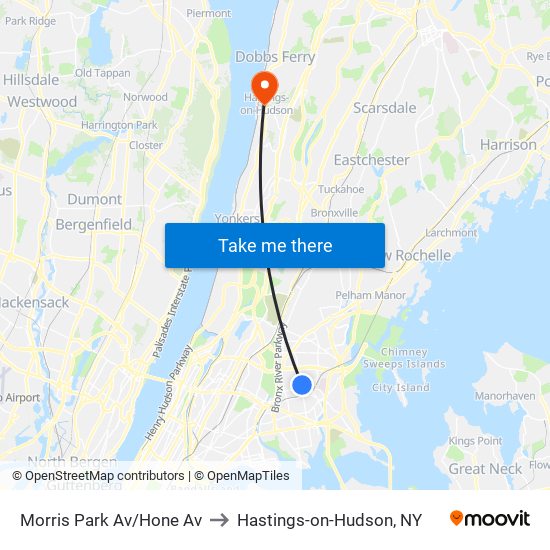 Morris Park Av/Hone Av to Hastings-on-Hudson, NY map