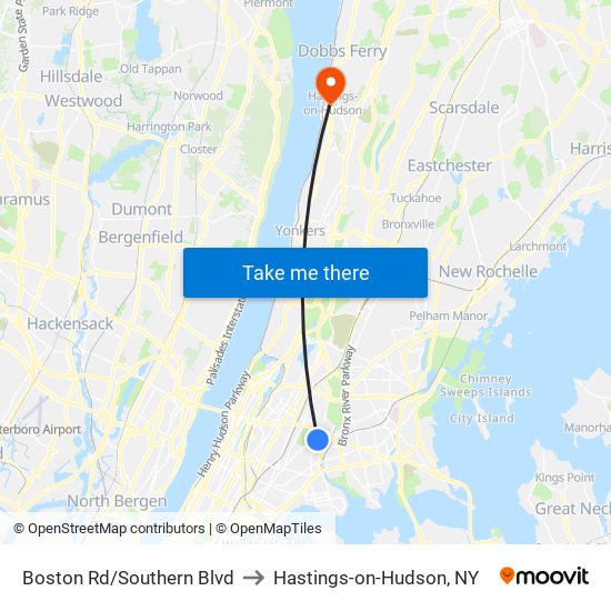 Boston Rd/Southern Blvd to Hastings-on-Hudson, NY map