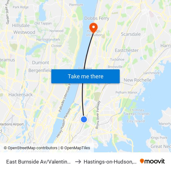 East Burnside Av/Valentine Av to Hastings-on-Hudson, NY map