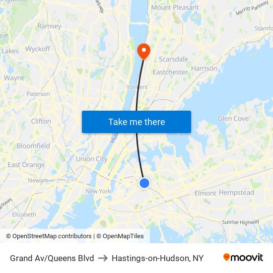Grand Av/Queens Blvd to Hastings-on-Hudson, NY map