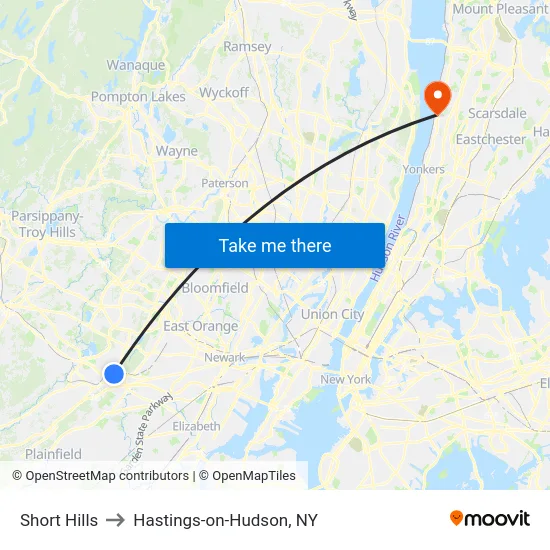 Short Hills to Hastings-on-Hudson, NY map