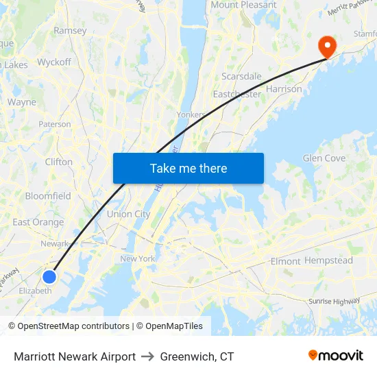 Marriott Newark Airport to Greenwich, CT map