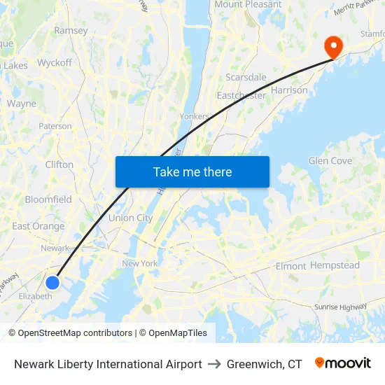 Newark Liberty International Airport to Greenwich, CT map