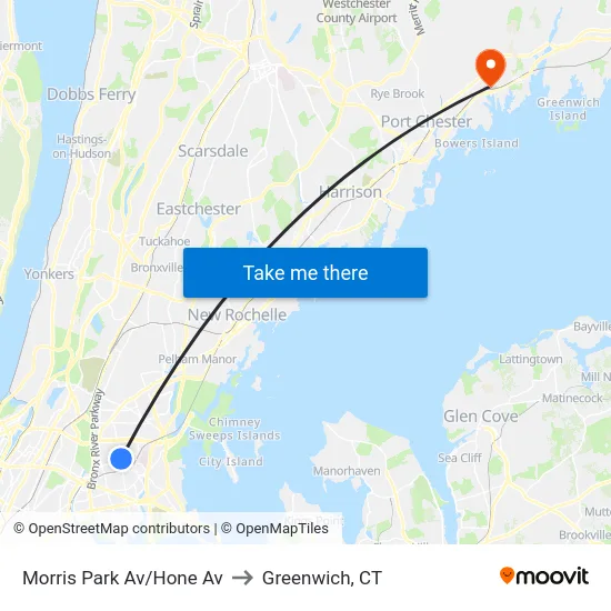 Morris Park Av/Hone Av to Greenwich, CT map