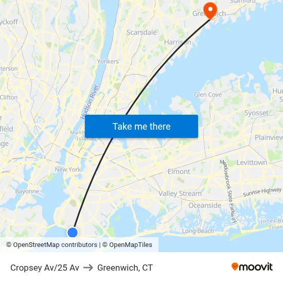 Cropsey Av/25 Av to Greenwich, CT map