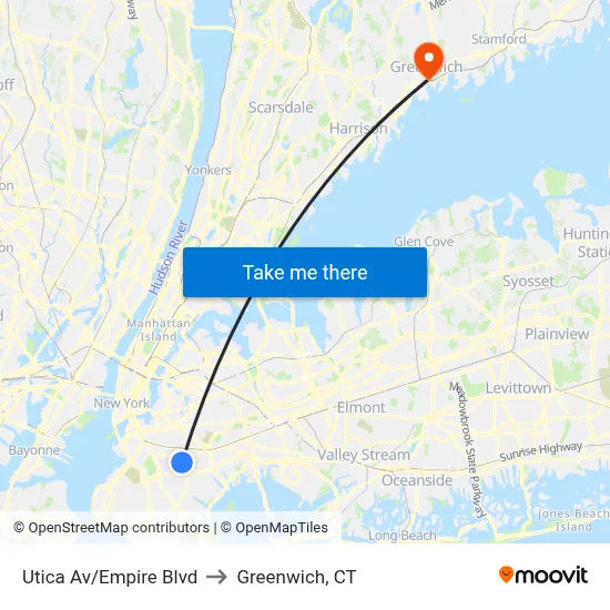 Utica Av/Empire Blvd to Greenwich, CT map