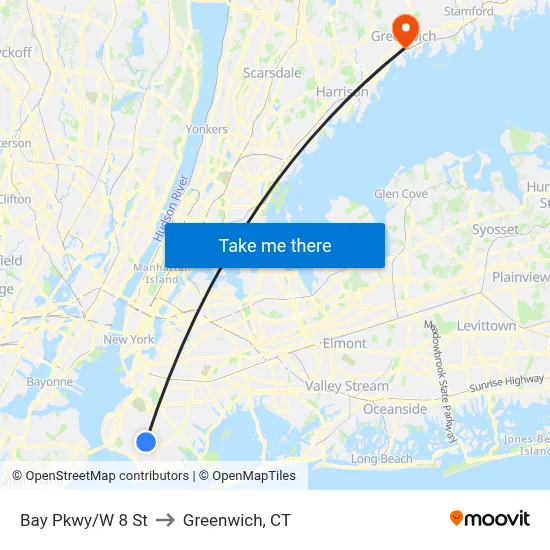Bay Pkwy/W 8 St to Greenwich, CT map