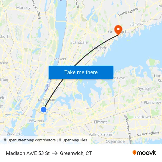 Madison Av/E 53 St to Greenwich, CT map