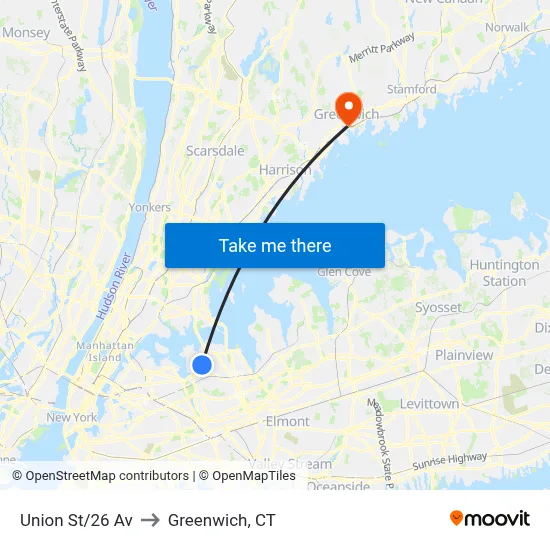 Union St/26 Av to Greenwich, CT map