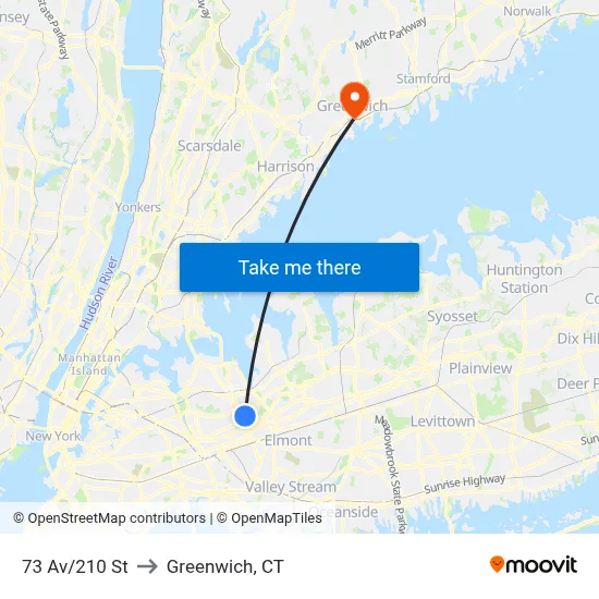 73 Av/210 St to Greenwich, CT map
