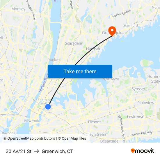 30 Av/21 St to Greenwich, CT map