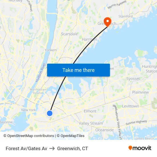 Forest Av/Gates Av to Greenwich, CT map