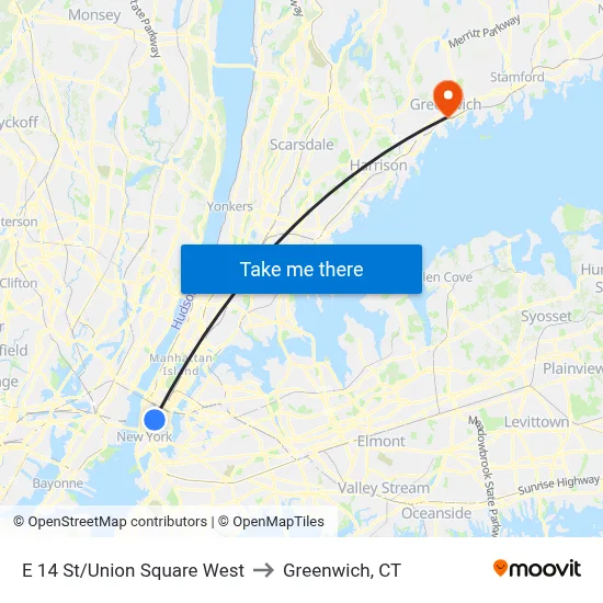 E 14 St/Union Square West to Greenwich, CT map