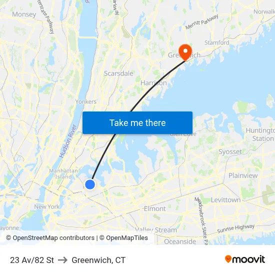 23 Av/82 St to Greenwich, CT map