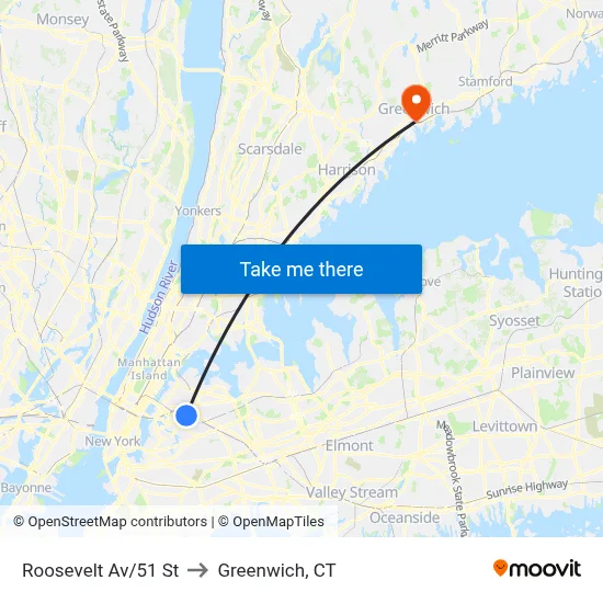 Roosevelt Av/51 St to Greenwich, CT map