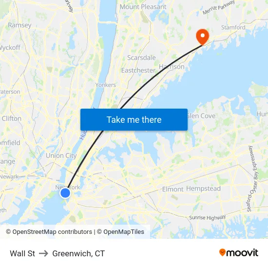 Wall St to Greenwich, CT map