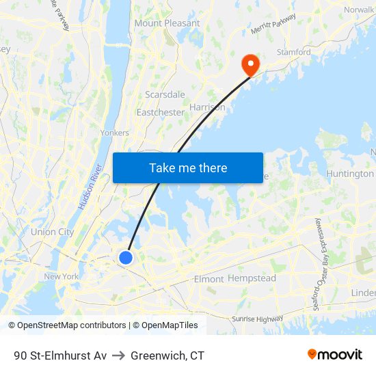 90 St-Elmhurst Av to Greenwich, CT map