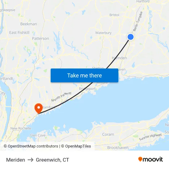 Meriden to Greenwich, CT map