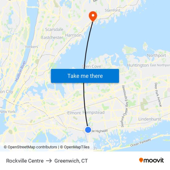 Rockville Centre to Greenwich, CT map