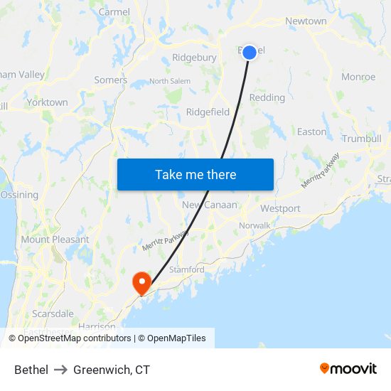 Bethel to Greenwich, CT map